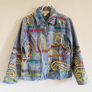 Vintage Norm Thompson Blue Embroidered Patchwork Button Up Jacket Size Medium